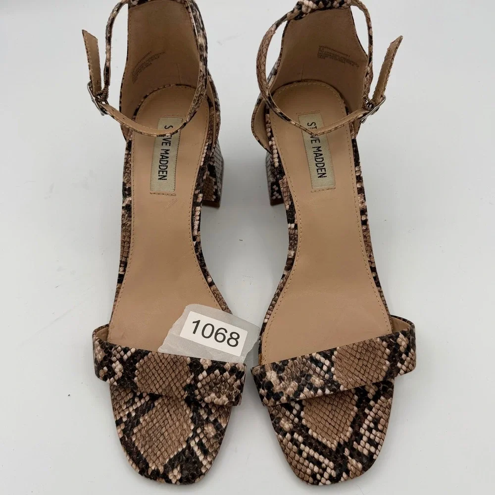 Steve Madden Maris Sandals Women 9.5 Good‎ Brown Snakeskin Print Block Heel